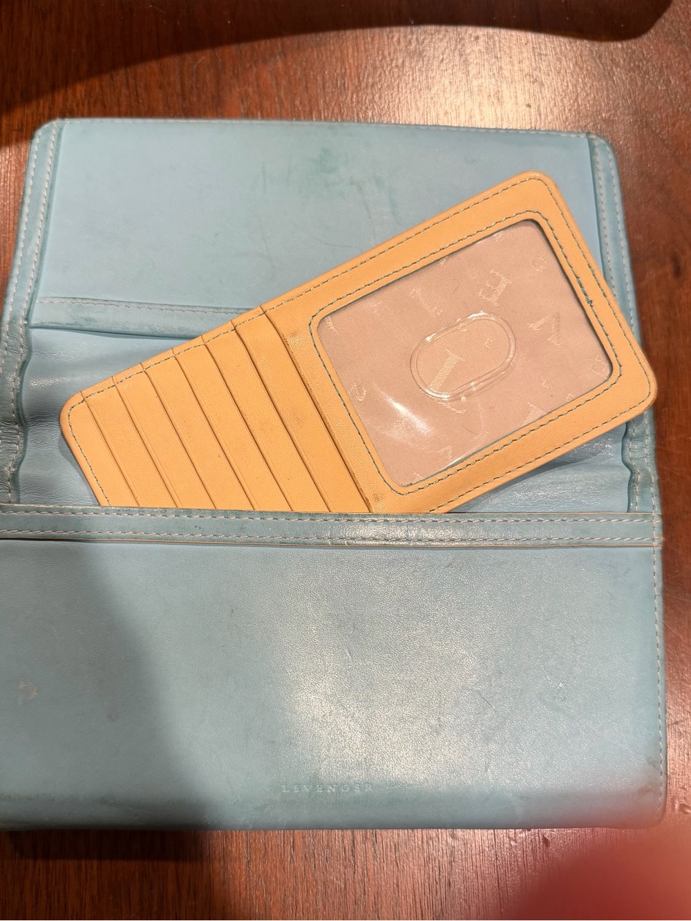 Levenger Light Blue Leather Women's Wallet with Tan Card Holder